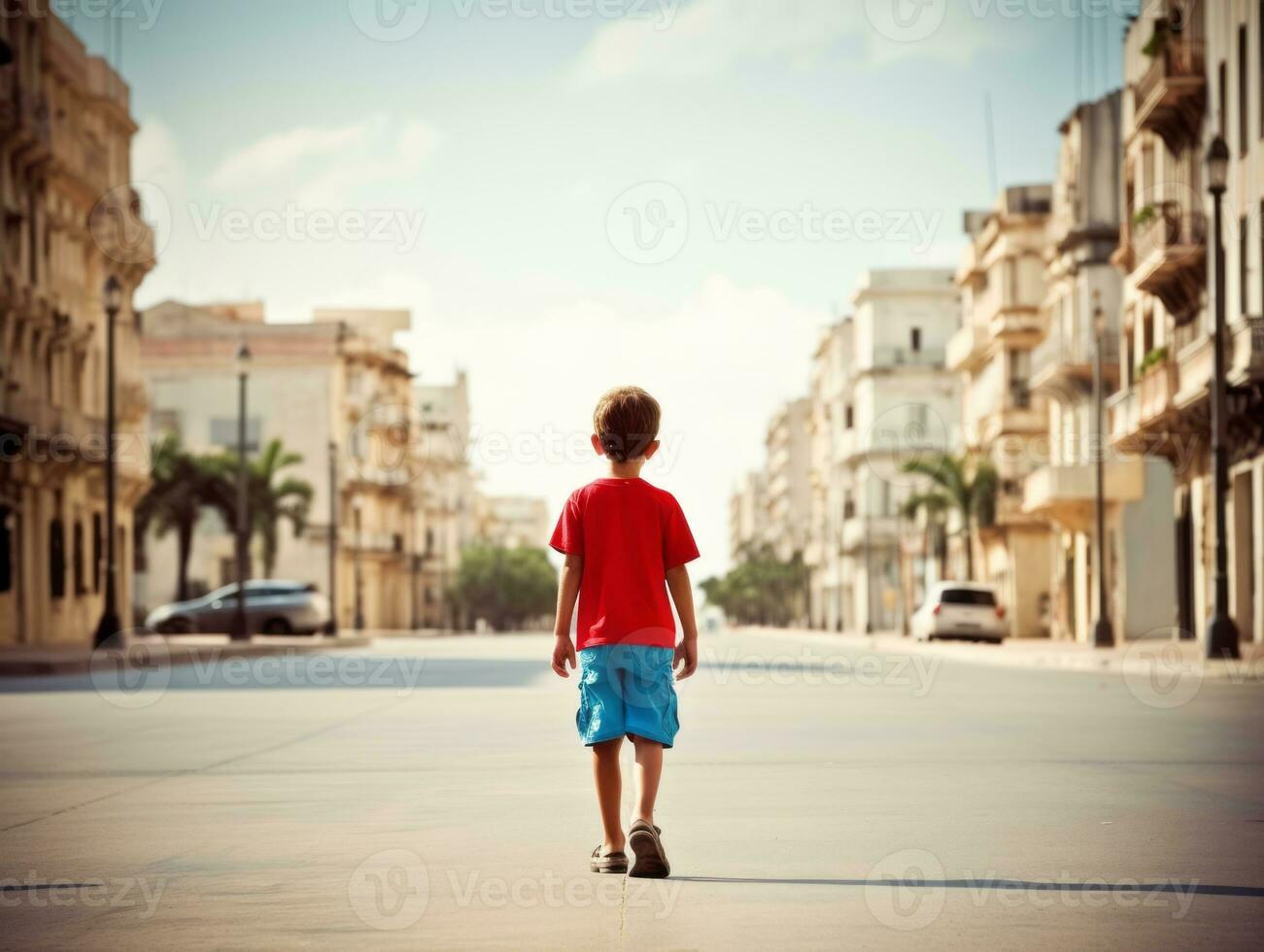 Kid enjoys a leisurely stroll through the vibrant city streets AI Generative photo