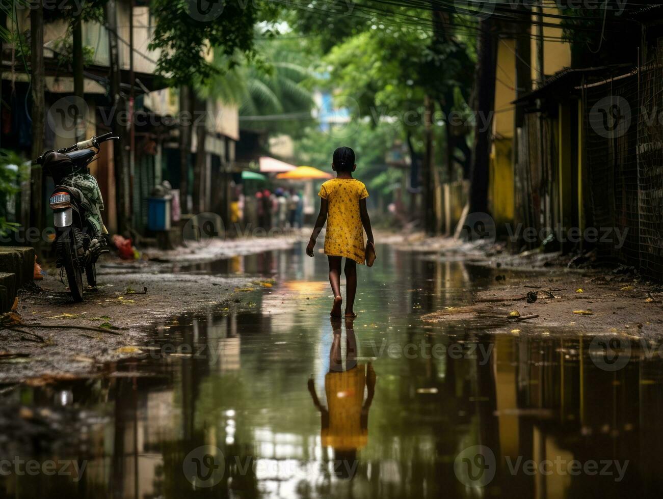 Kid enjoys a leisurely stroll through the vibrant city streets AI Generative photo