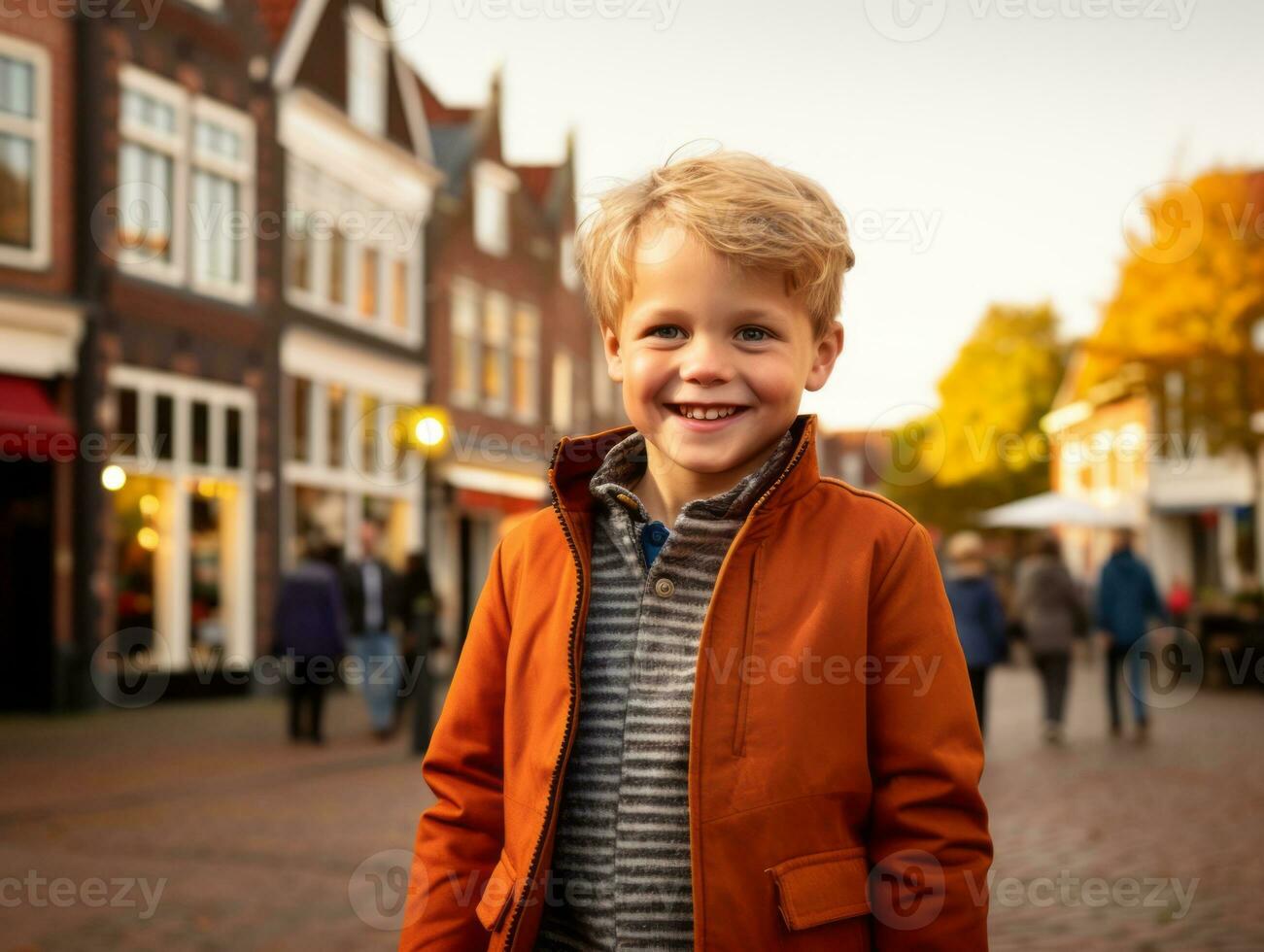 Kid enjoys a leisurely stroll through the vibrant city streets AI Generative photo