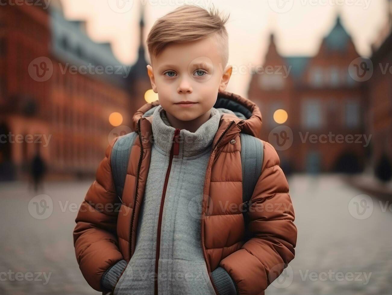 niño disfruta un sin prisa paseo mediante el vibrante ciudad calles ai generativo foto