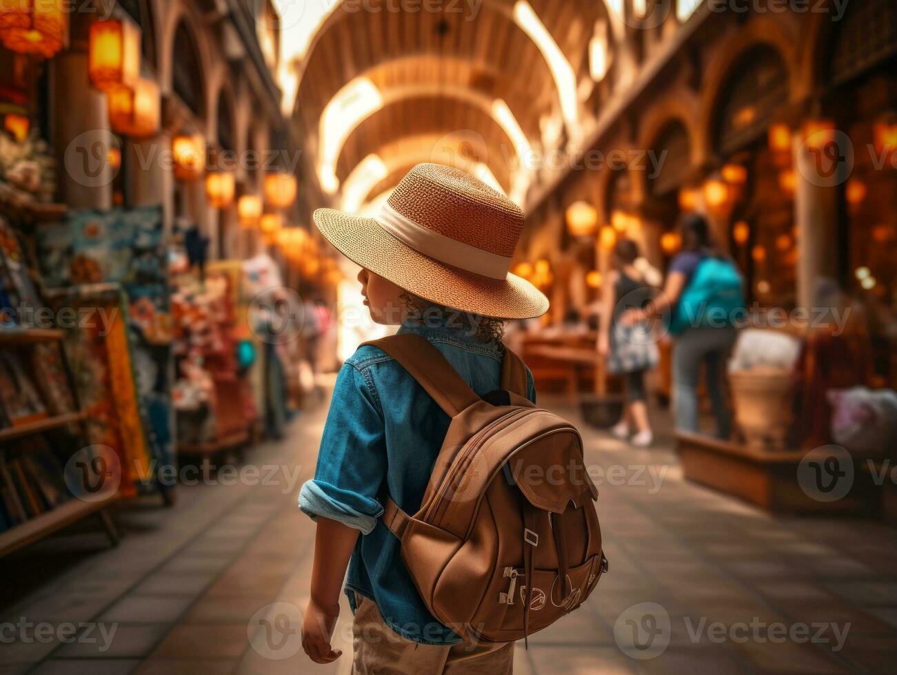 Kid enjoys a leisurely stroll through the vibrant city streets AI Generative photo