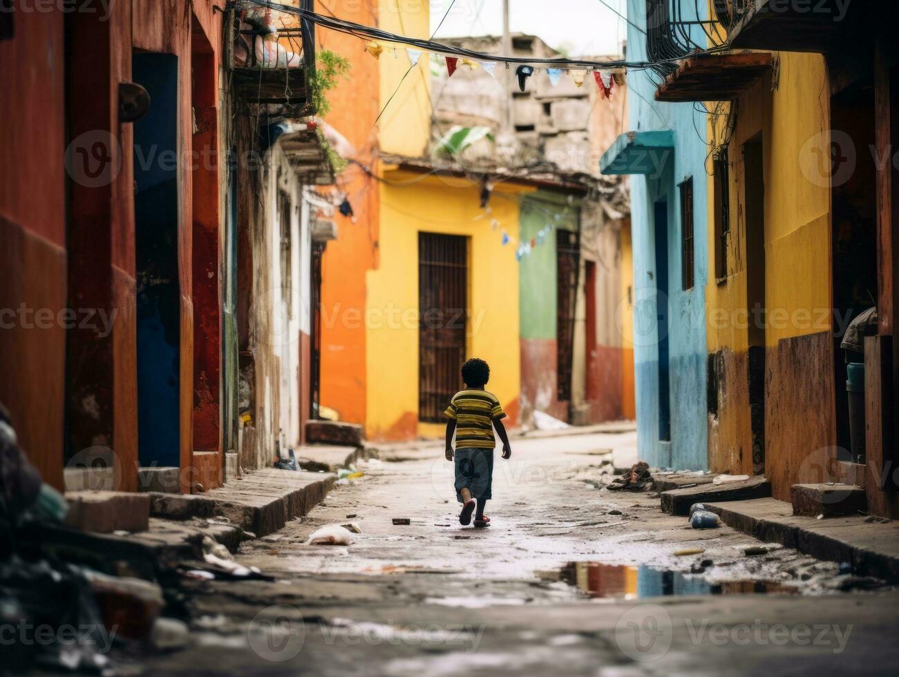 Kid enjoys a leisurely stroll through the vibrant city streets AI Generative photo