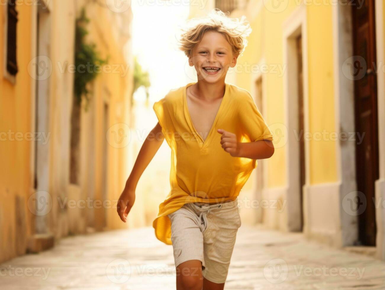 niño disfruta un sin prisa paseo mediante el vibrante ciudad calles ai generativo foto