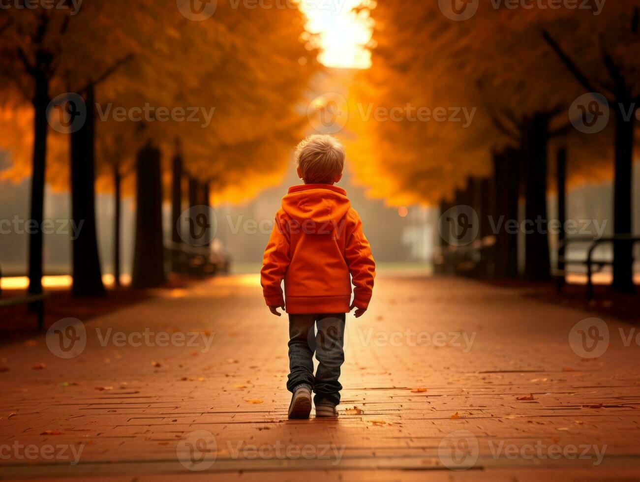 Kid enjoys a leisurely stroll through the vibrant city streets AI Generative photo