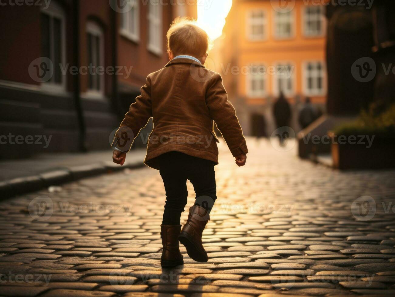 Kid enjoys a leisurely stroll through the vibrant city streets AI Generative photo