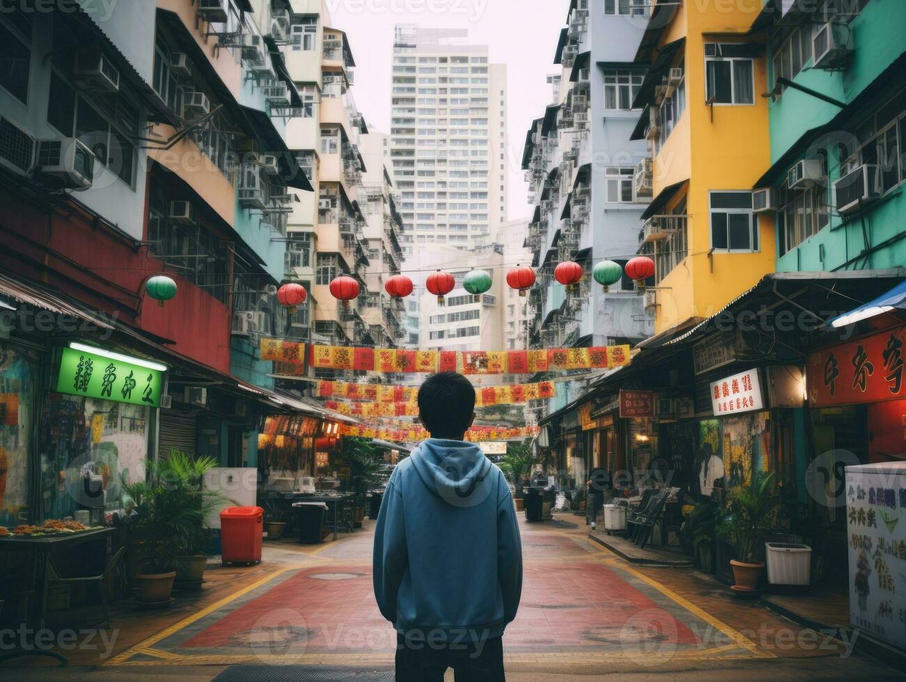 Kid enjoys a leisurely stroll through the vibrant city streets AI Generative photo