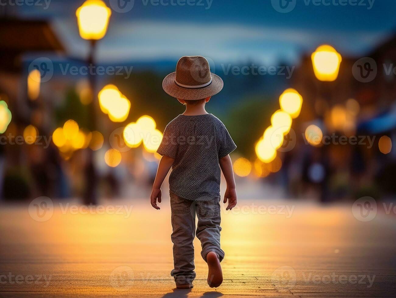 Kid enjoys a leisurely stroll through the vibrant city streets AI Generative photo