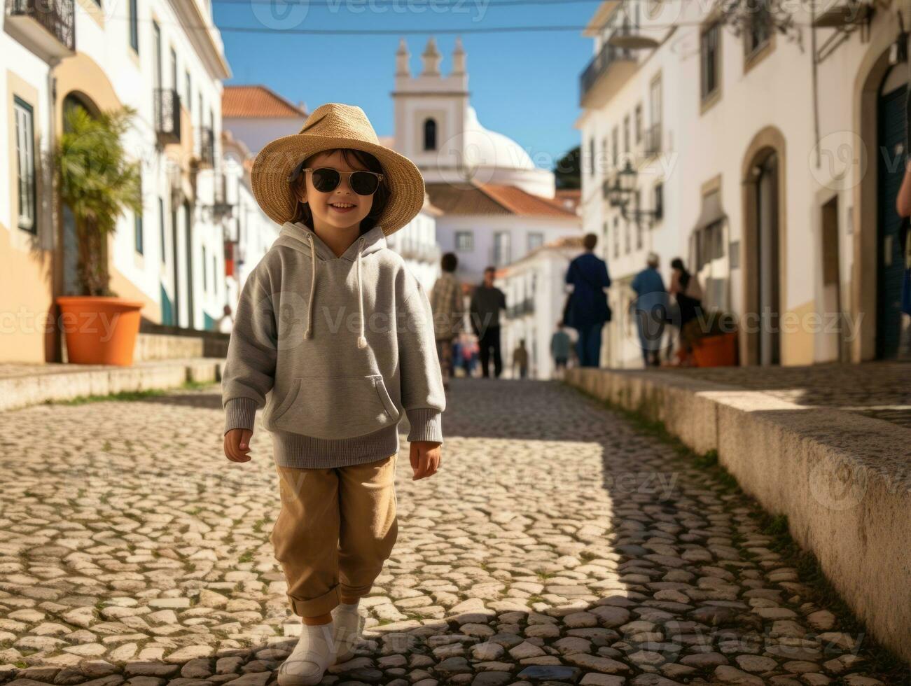 niño disfruta un sin prisa paseo mediante el vibrante ciudad calles ai generativo foto