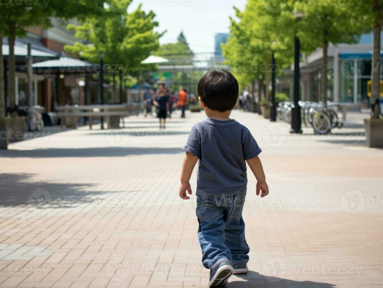 Kid enjoys a leisurely stroll through the vibrant city streets AI Generative photo