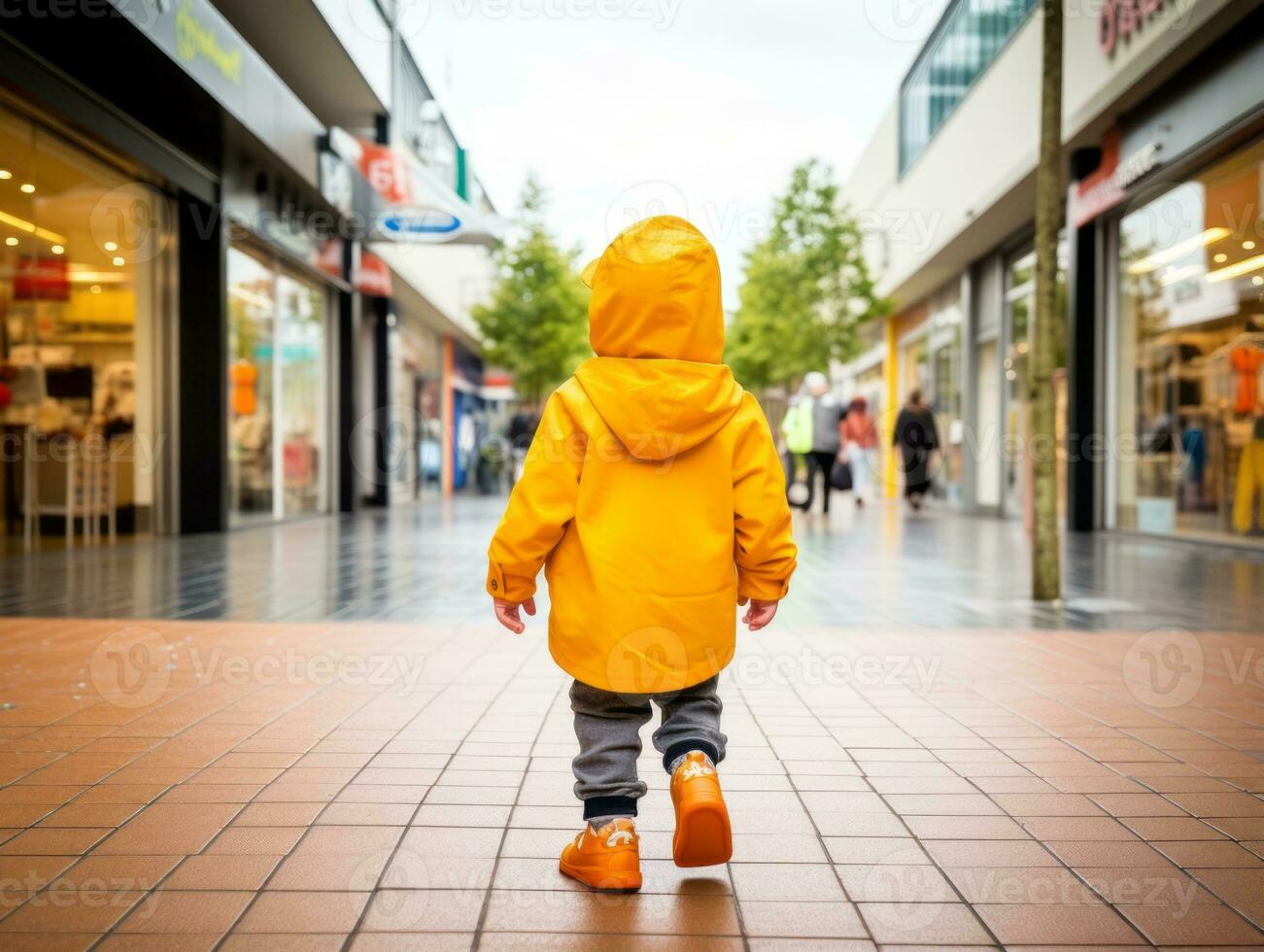 Kid enjoys a leisurely stroll through the vibrant city streets AI Generative photo