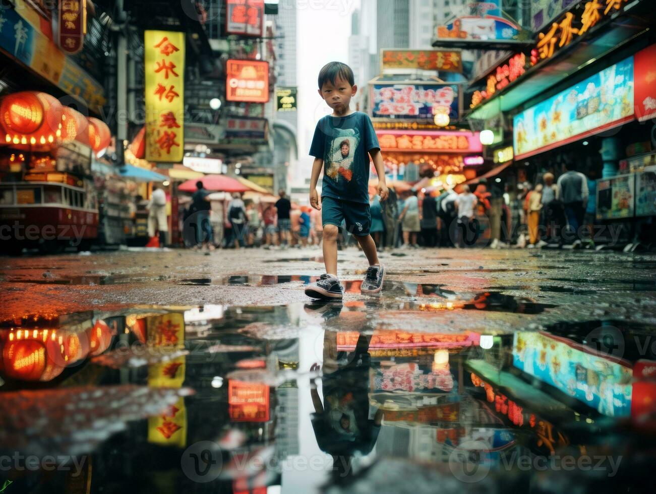 Kid enjoys a leisurely stroll through the vibrant city streets AI Generative photo
