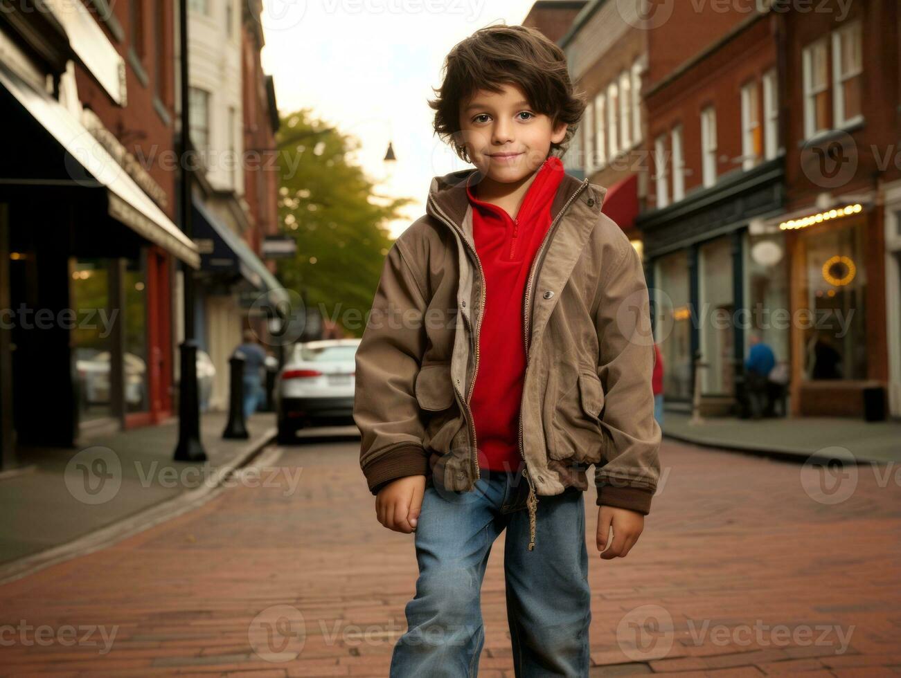 Kid enjoys a leisurely stroll through the vibrant city streets AI Generative photo