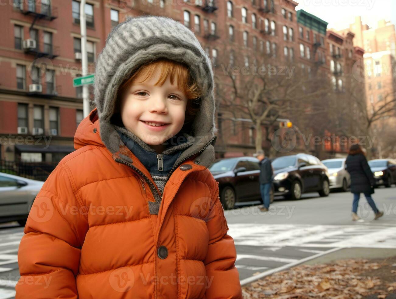 Kid enjoys a leisurely stroll through the vibrant city streets AI Generative photo