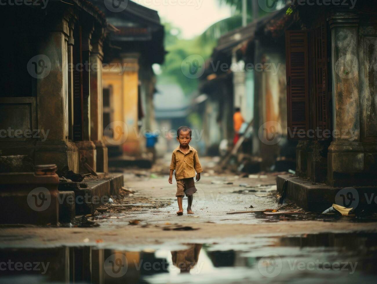 Kid enjoys a leisurely stroll through the vibrant city streets AI Generative photo