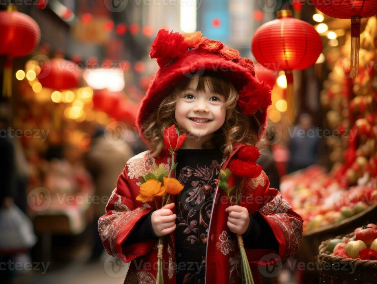 Kid enjoys a leisurely stroll through the vibrant city streets AI Generative photo