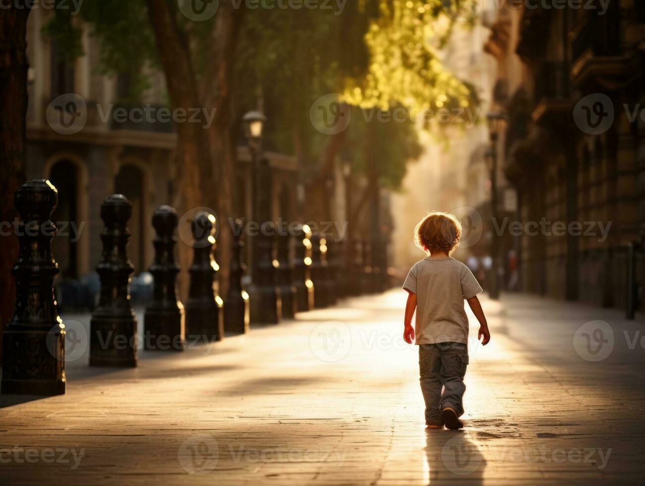 Kid enjoys a leisurely stroll through the vibrant city streets AI Generative photo