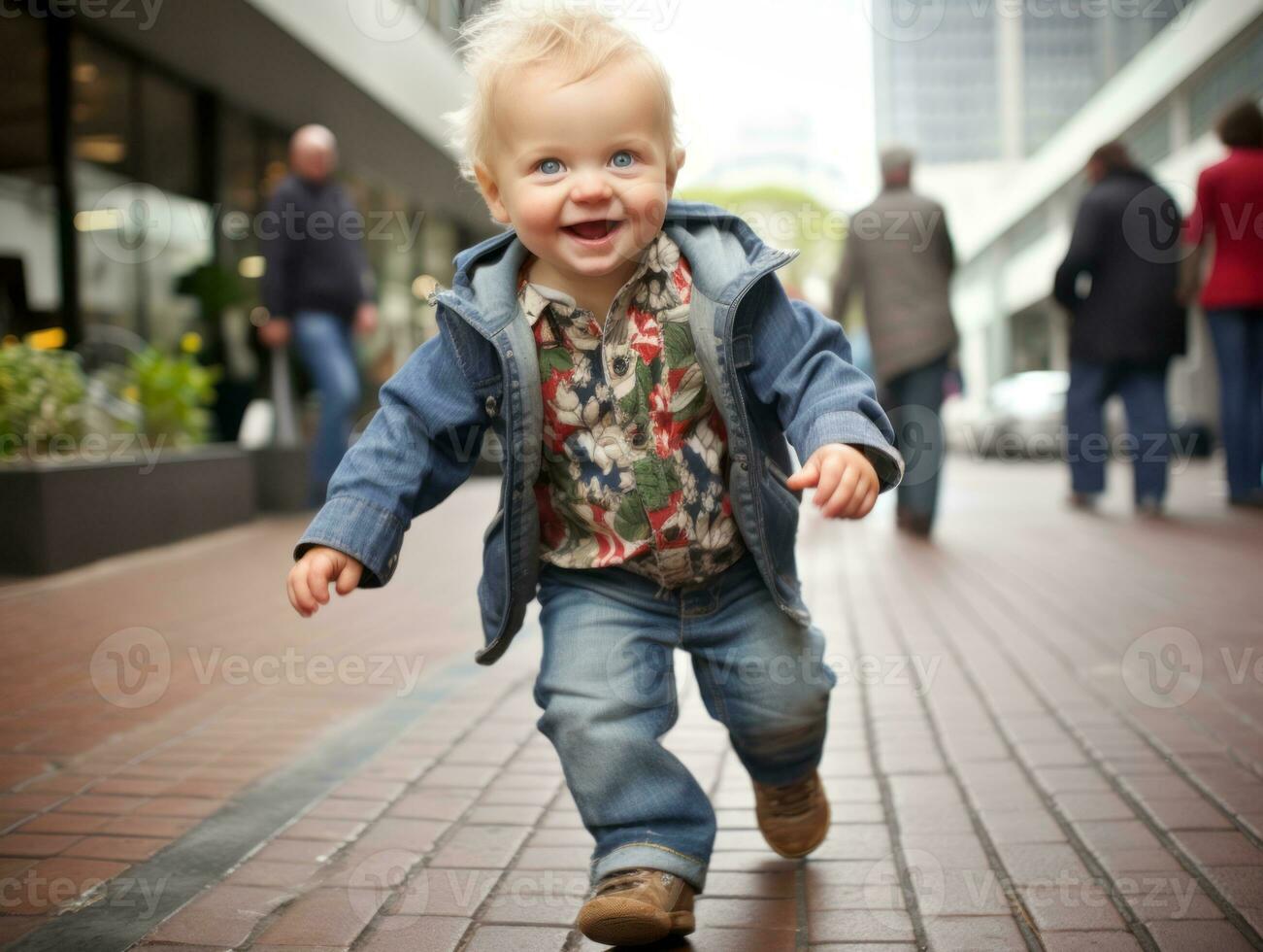 Kid enjoys a leisurely stroll through the vibrant city streets AI Generative photo