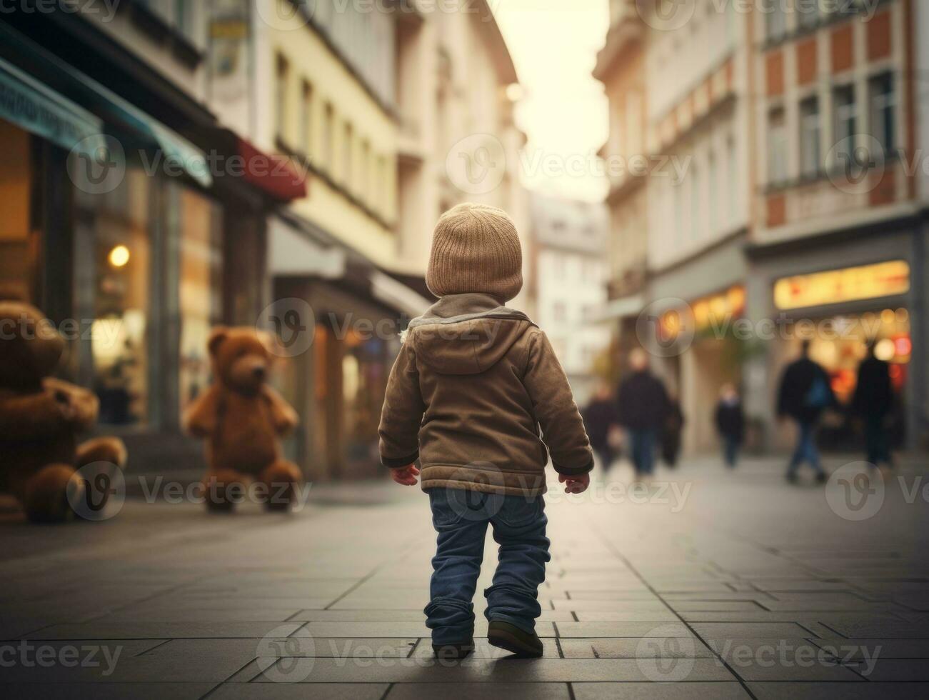 Kid enjoys a leisurely stroll through the vibrant city streets AI Generative photo