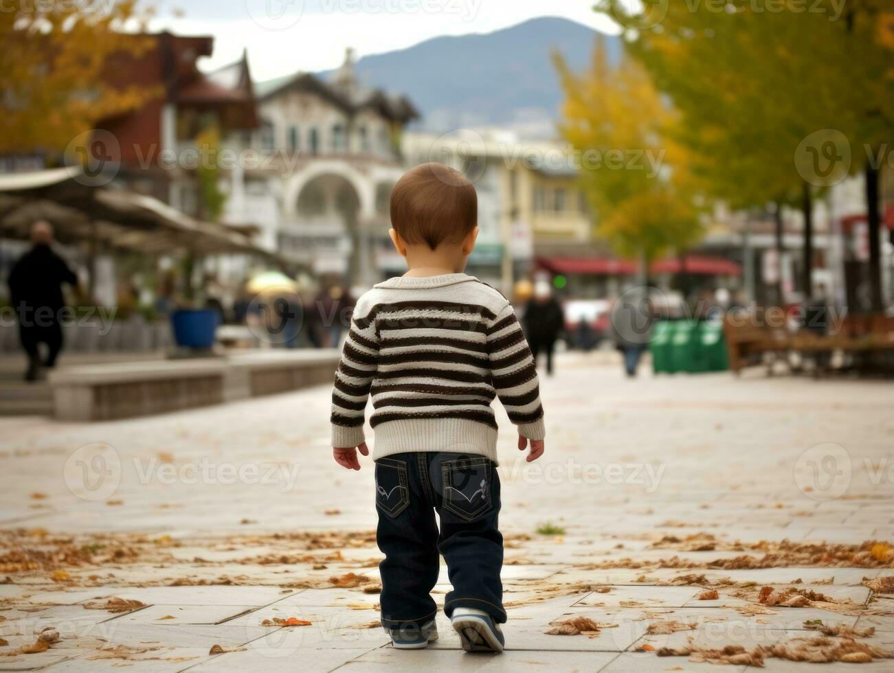 Kid enjoys a leisurely stroll through the vibrant city streets AI Generative photo