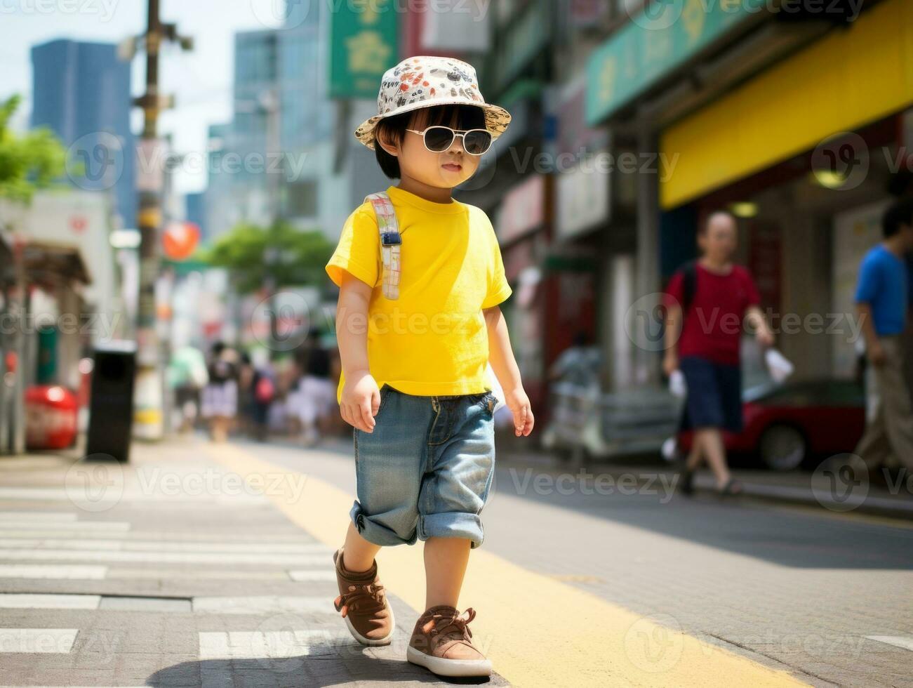 Kid enjoys a leisurely stroll through the vibrant city streets AI Generative photo