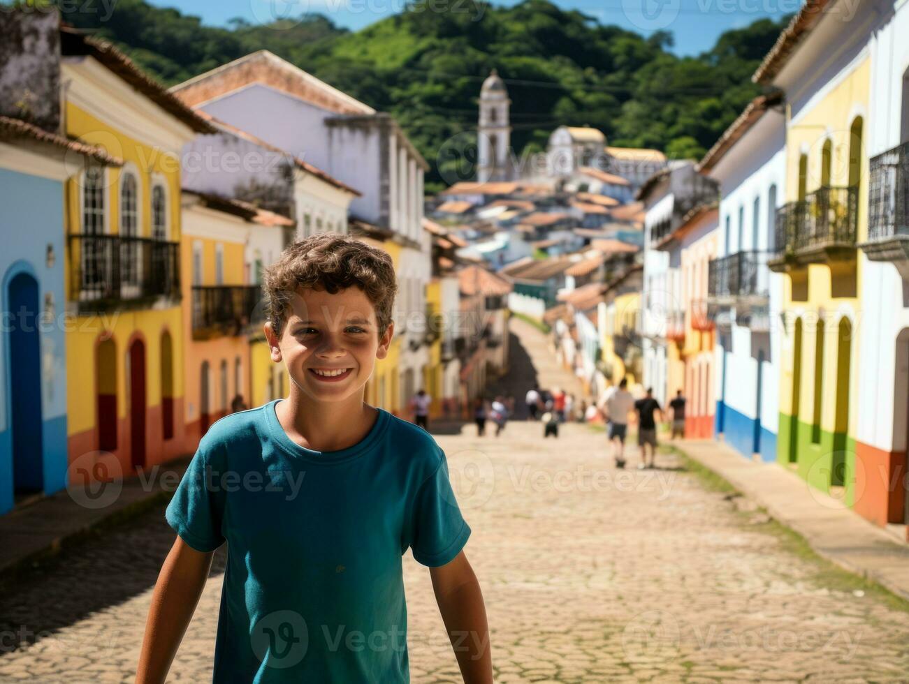 niño disfruta un sin prisa paseo mediante el vibrante ciudad calles ai generativo foto