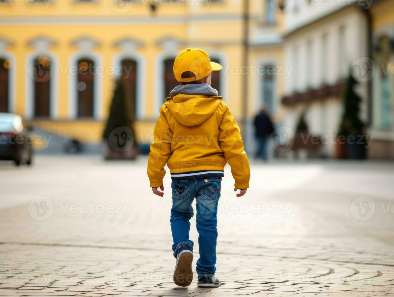 Kid enjoys a leisurely stroll through the vibrant city streets AI Generative photo