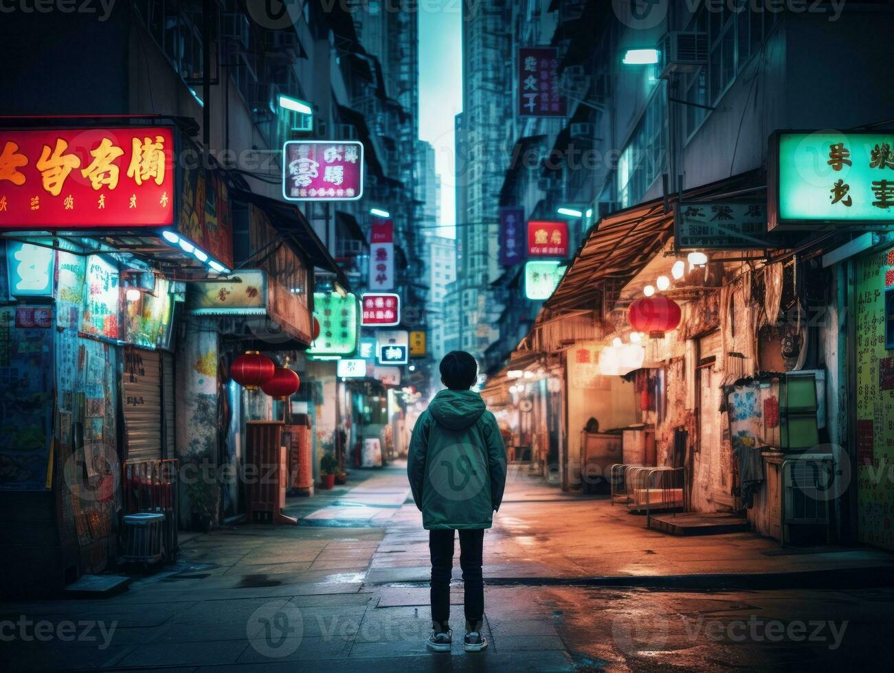 Kid enjoys a leisurely stroll through the vibrant city streets AI Generative photo