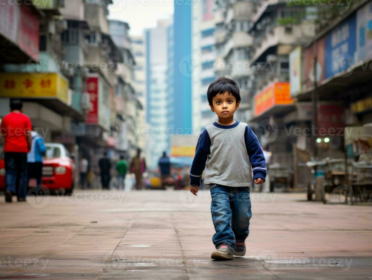 niño disfruta un sin prisa paseo mediante el vibrante ciudad calles ai generativo foto