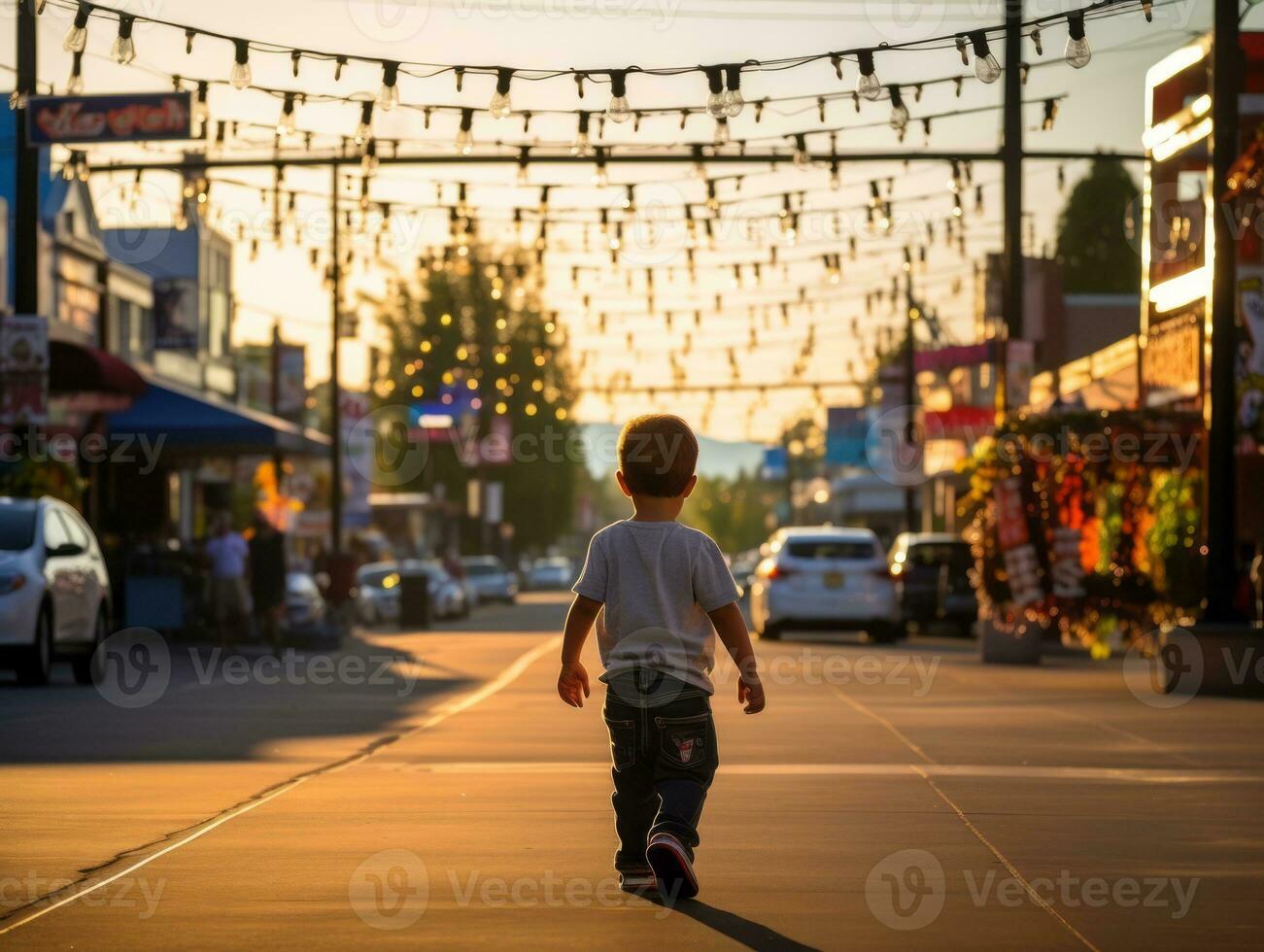 Kid enjoys a leisurely stroll through the vibrant city streets AI Generative photo