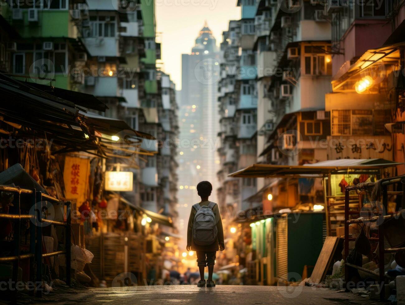 Kid enjoys a leisurely stroll through the vibrant city streets AI Generative photo