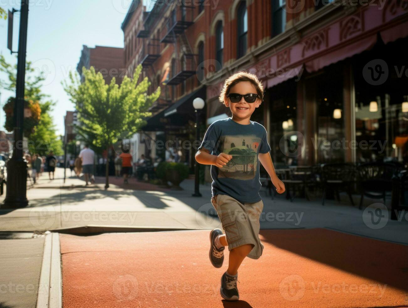 niño disfruta un sin prisa paseo mediante el vibrante ciudad calles ai generativo foto