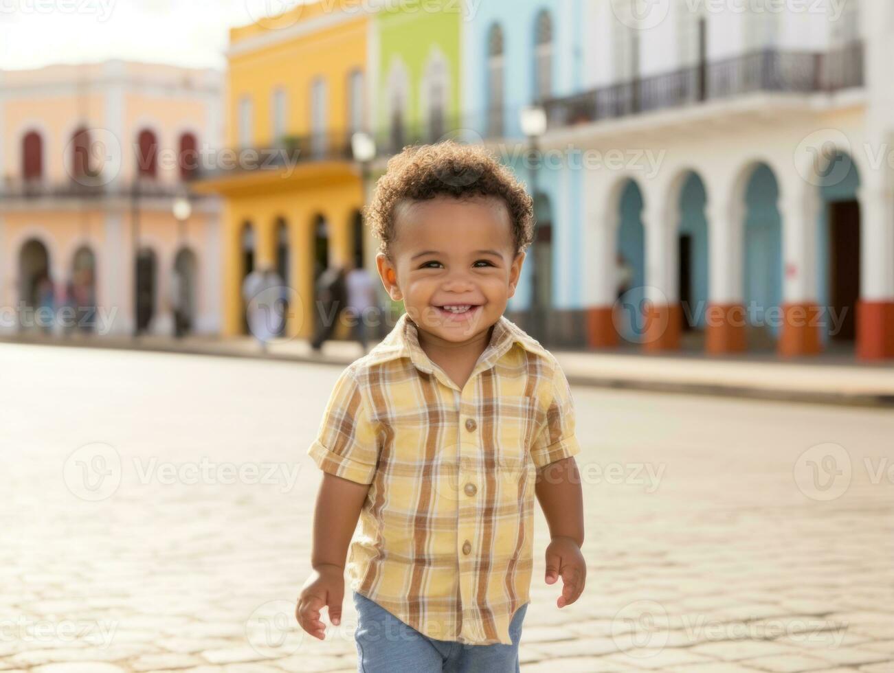Kid enjoys a leisurely stroll through the vibrant city streets AI Generative photo