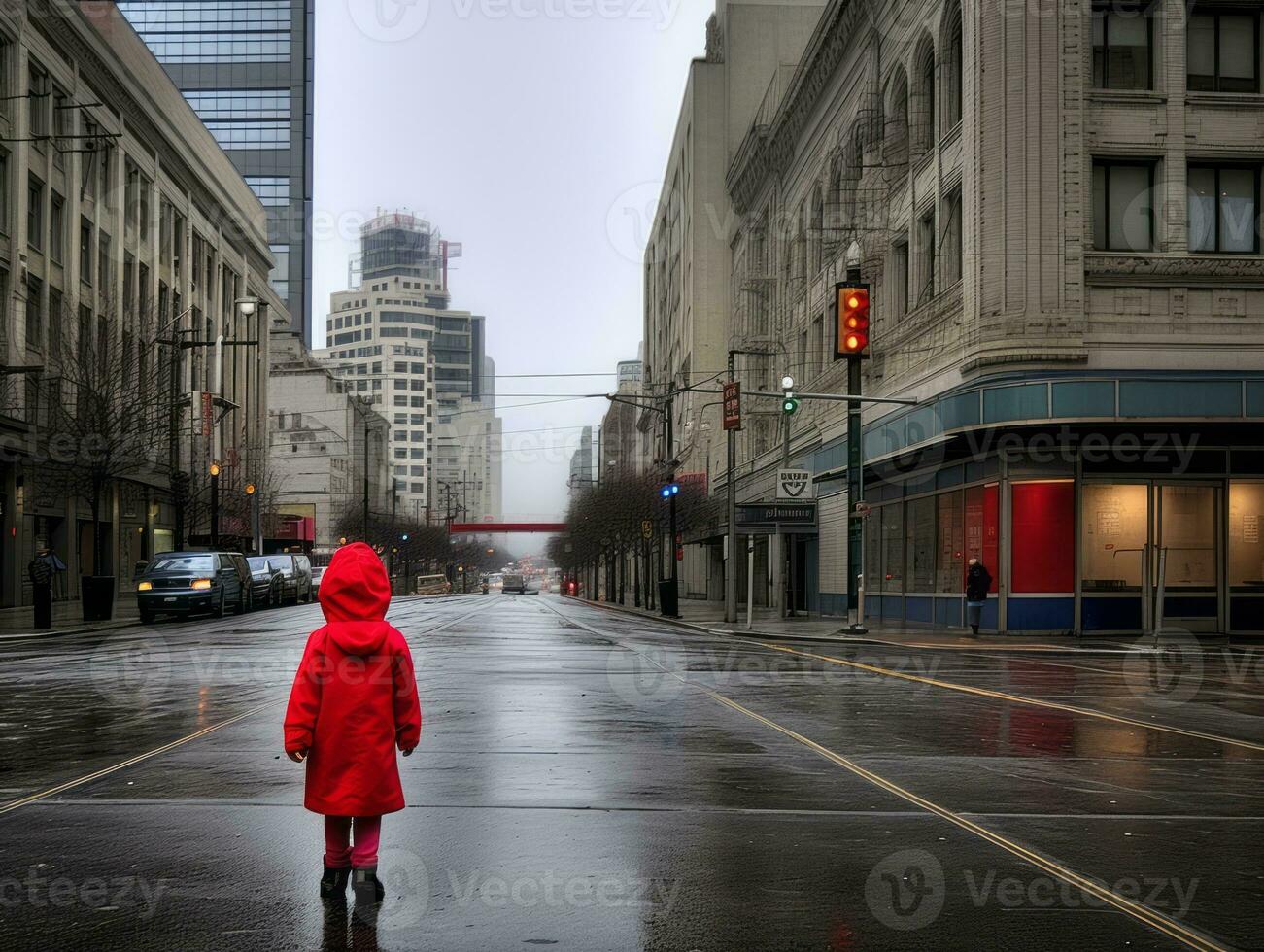 Kid enjoys a leisurely stroll through the vibrant city streets AI Generative photo