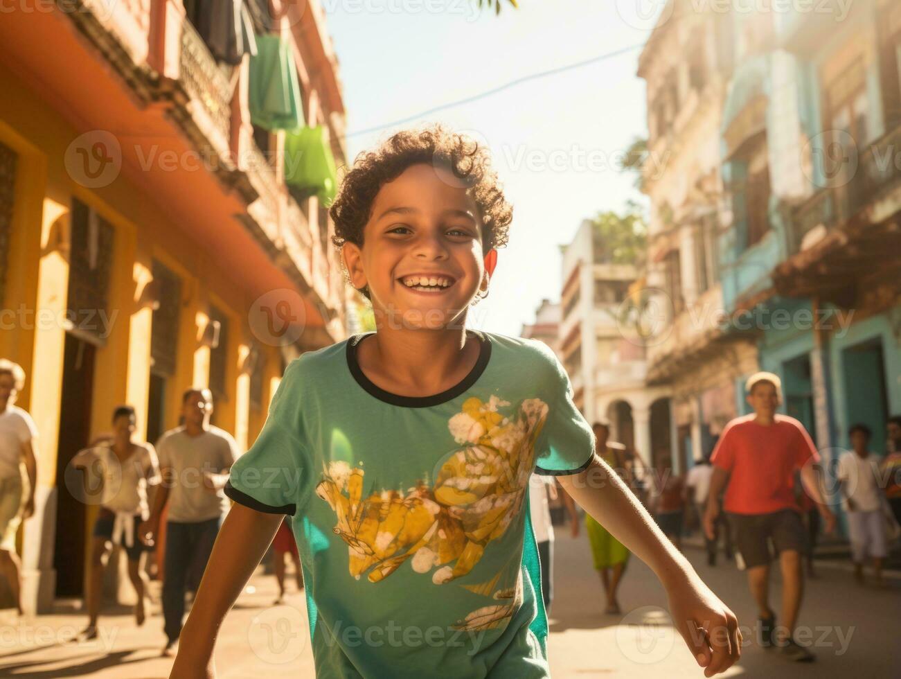 Kid enjoys a leisurely stroll through the vibrant city streets AI Generative photo