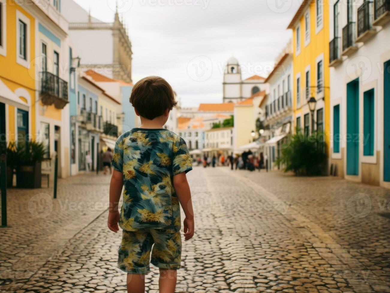 niño disfruta un sin prisa paseo mediante el vibrante ciudad calles ai generativo foto