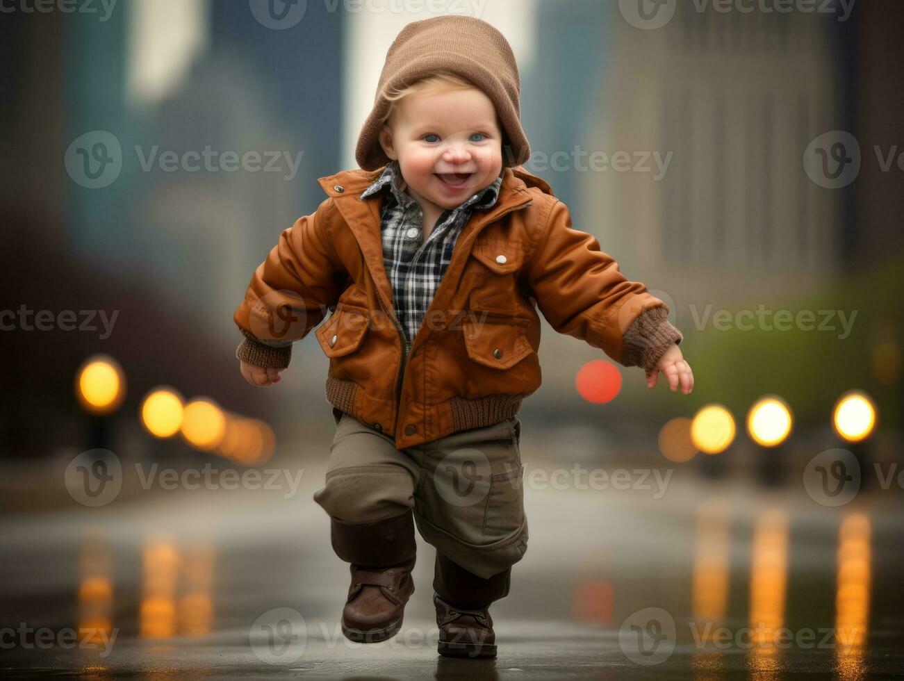 Kid enjoys a leisurely stroll through the vibrant city streets AI Generative photo