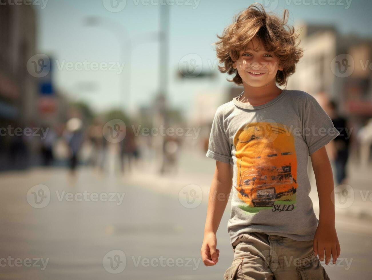 Kid enjoys a leisurely stroll through the vibrant city streets AI Generative photo