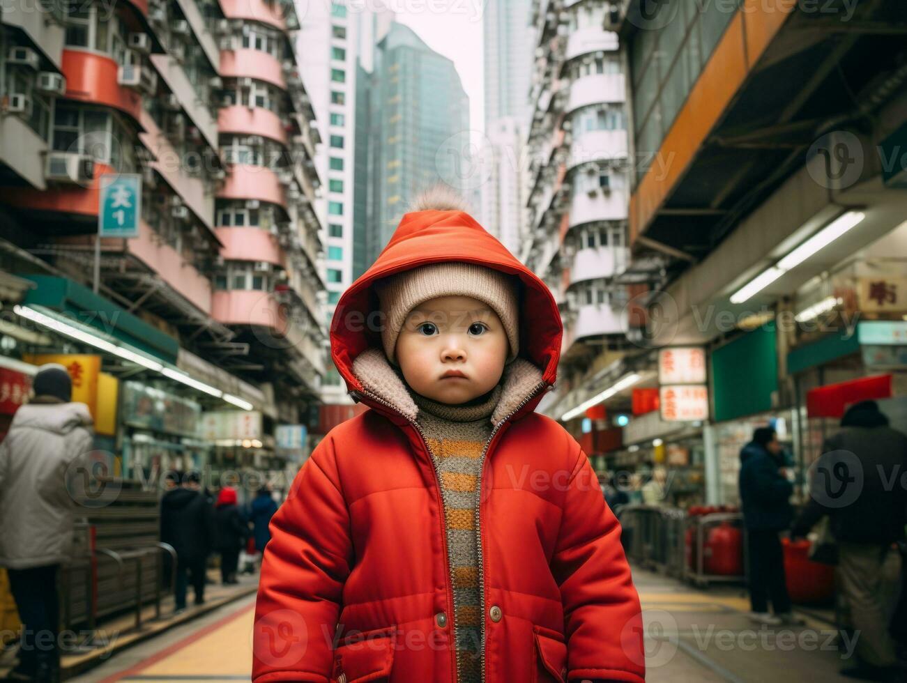 Kid enjoys a leisurely stroll through the vibrant city streets AI Generative photo