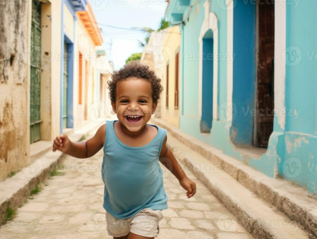 Kid enjoys a leisurely stroll through the vibrant city streets AI Generative photo