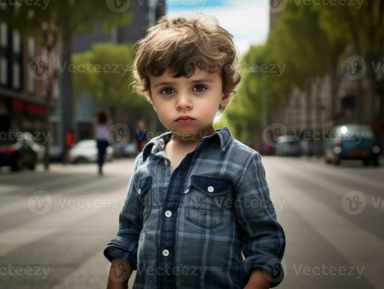 Kid enjoys a leisurely stroll through the vibrant city streets AI Generative photo