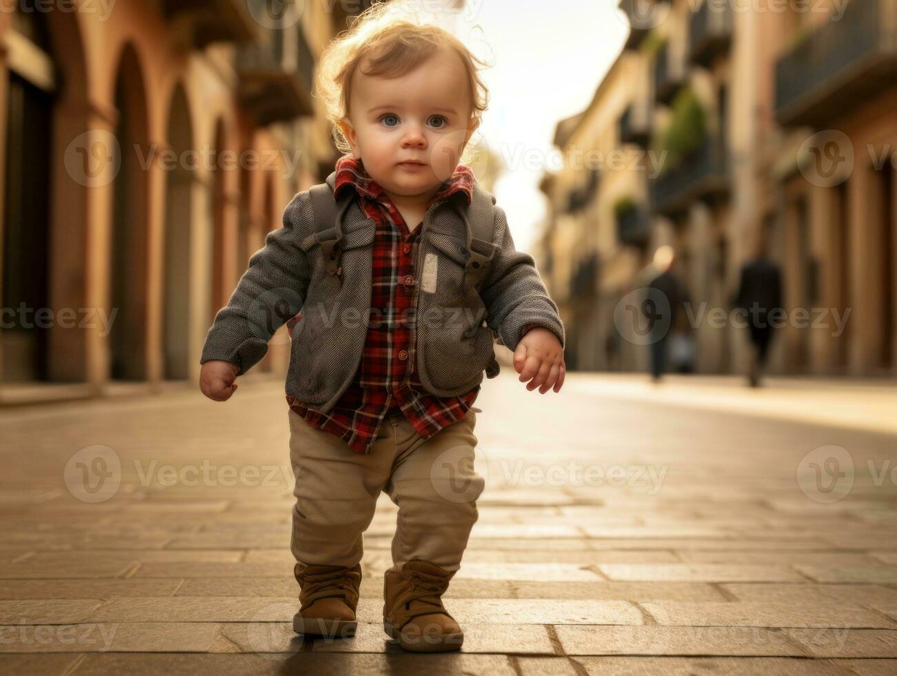 Kid enjoys a leisurely stroll through the vibrant city streets AI Generative photo