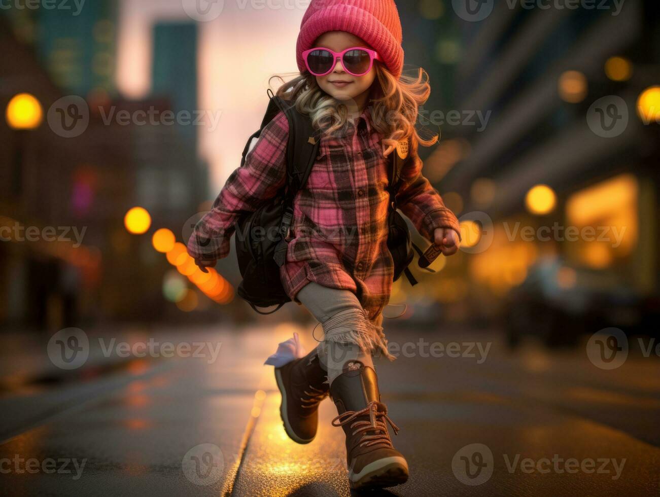 Kid enjoys a leisurely stroll through the vibrant city streets AI Generative photo