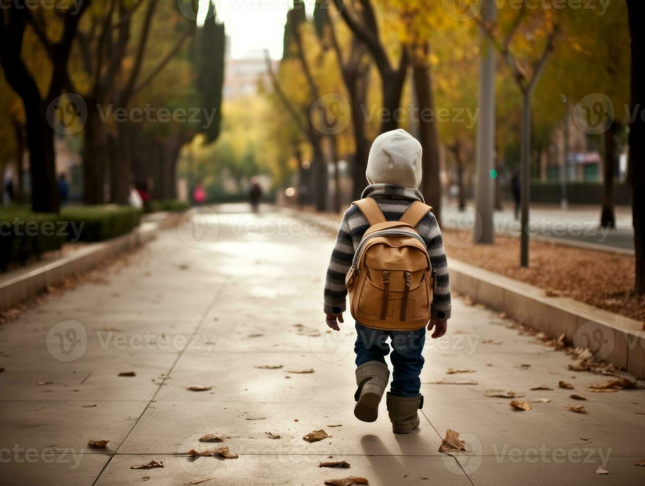 Kid enjoys a leisurely stroll through the vibrant city streets AI Generative photo