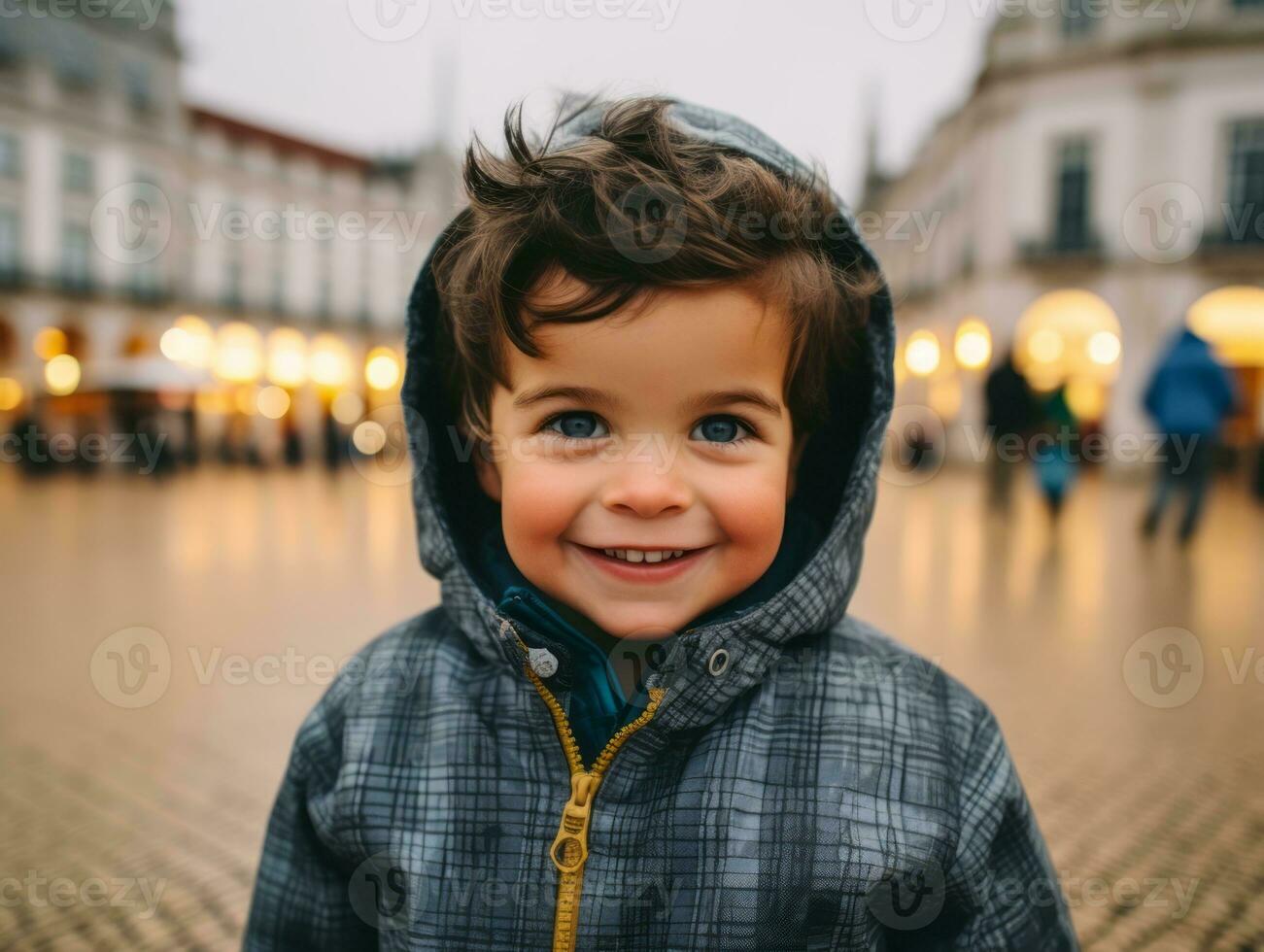 niño disfruta un sin prisa paseo mediante el vibrante ciudad calles ai generativo foto