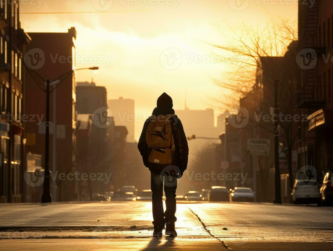 Kid enjoys a leisurely stroll through the vibrant city streets AI Generative photo