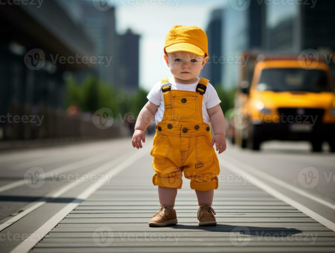 Kid enjoys a leisurely stroll through the vibrant city streets AI Generative photo