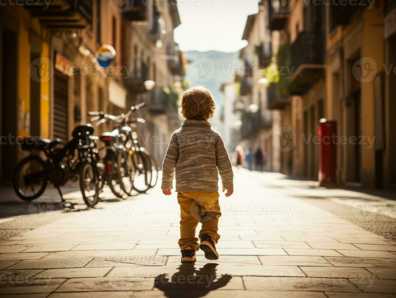 Kid enjoys a leisurely stroll through the vibrant city streets AI Generative photo