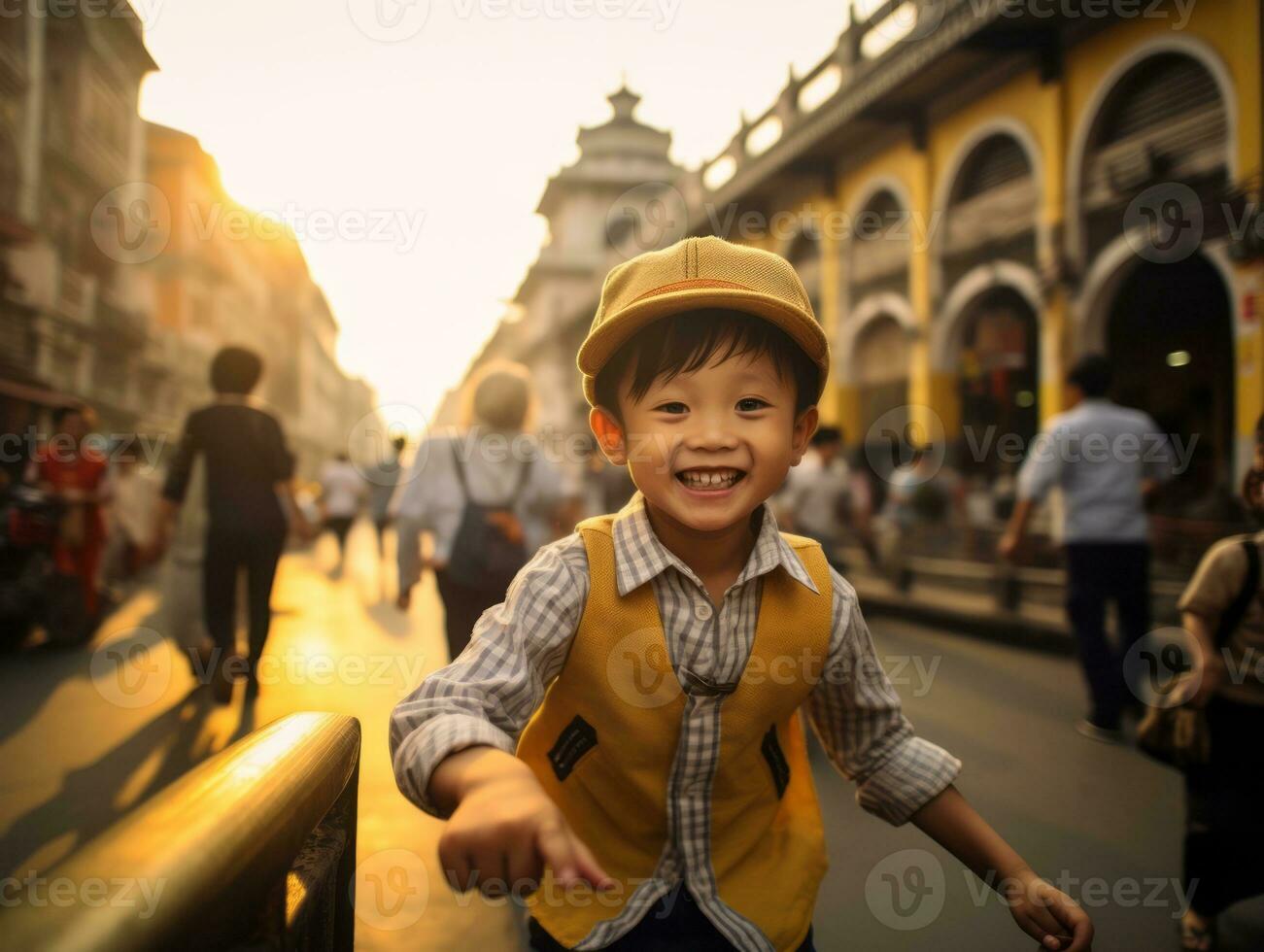 Kid enjoys a leisurely stroll through the vibrant city streets AI Generative photo