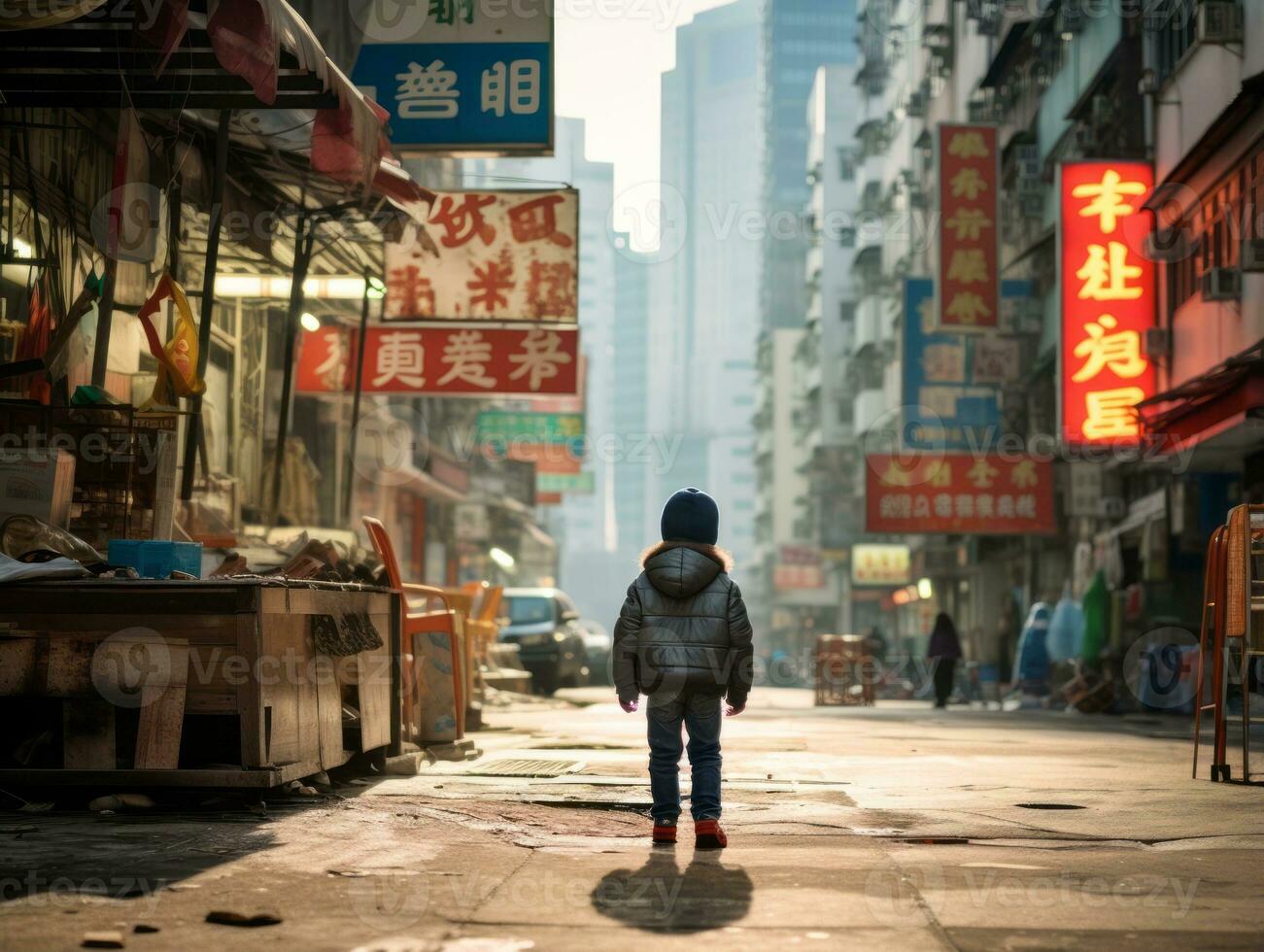 Kid enjoys a leisurely stroll through the vibrant city streets AI Generative photo