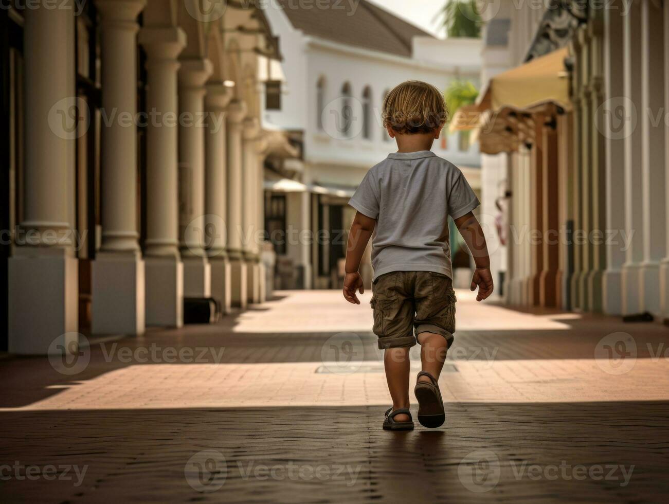 Kid enjoys a leisurely stroll through the vibrant city streets AI Generative photo